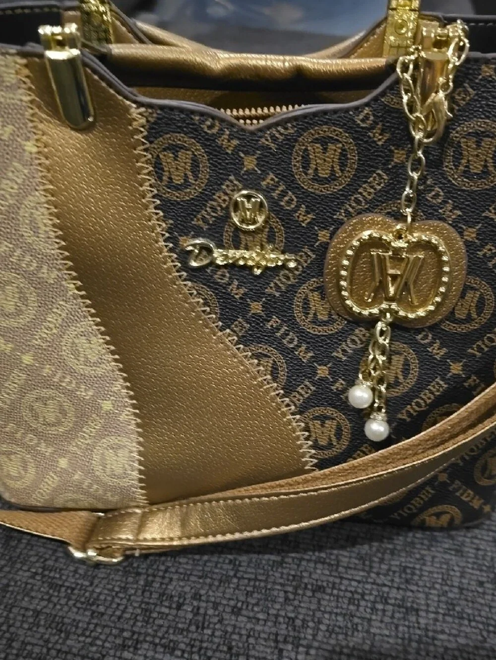 Gold Accent Monogram Satchel Handbag - Designer Style
